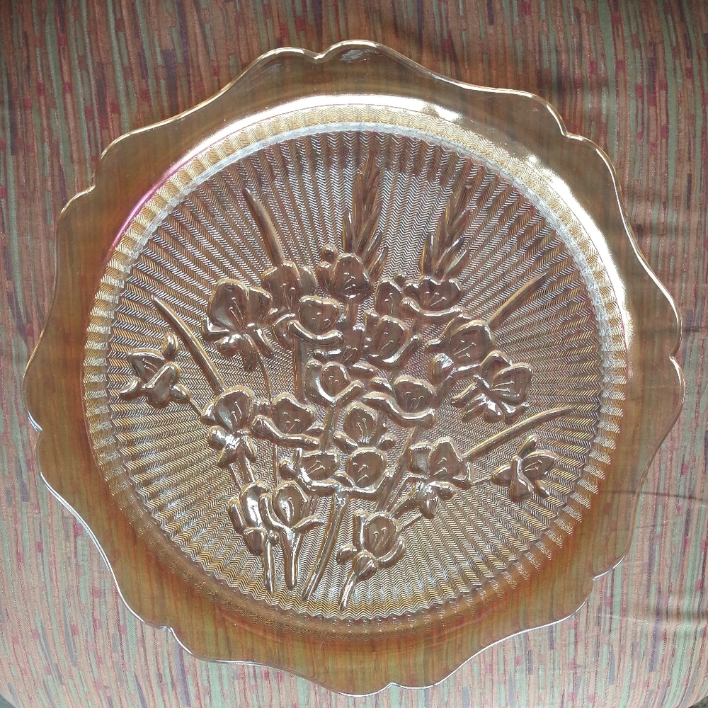 Herringbone and Iris carnival glass platter.